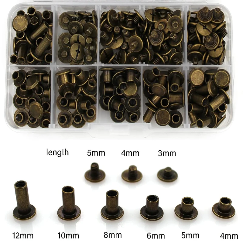 90 Sets Binding Post Chicago Screw Metal Phillips Stud Nails Rivet Button Leather Belt Metal Working Bookbinding Snaps Nuts