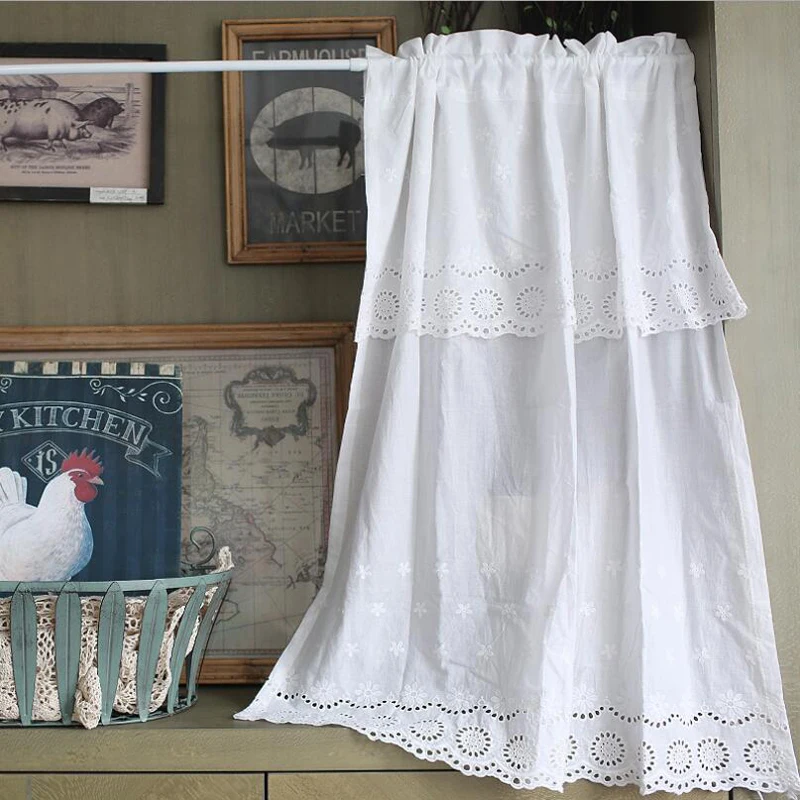

Half-curtain Pure White Cotton Coffee Curtain Openwork Embroidery Short Curtain for Kitchen Cabinet Door Rod Pocket Drape 1pcs