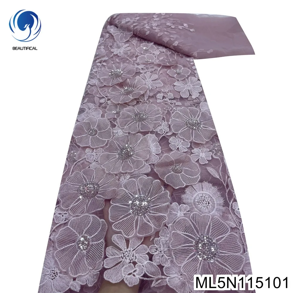 

New Products in Stock Simple and Beautiful African 3D Flower Lace 5 Yards Beads and Sequins Fabric Evening Dress ML5N1151