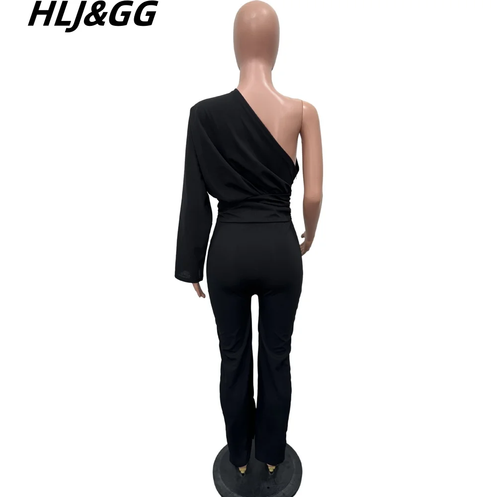 HLJ&GG Black Elegant Lady Solid Color Ruched Jumpsuits Women One Shoulder Long Sleeve Irregular Straight Playsuit Female Overall