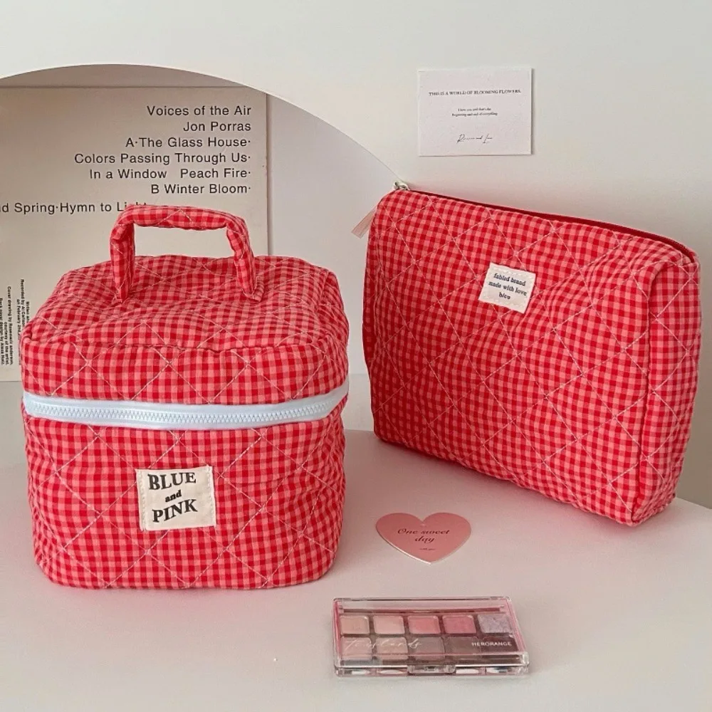 Simple Solid Color Plaid Women\'s Cosmetic Bag Fashion Sweet Soft Fabric Ladies Storage Bags Large Capacity Female Clutch Handbag