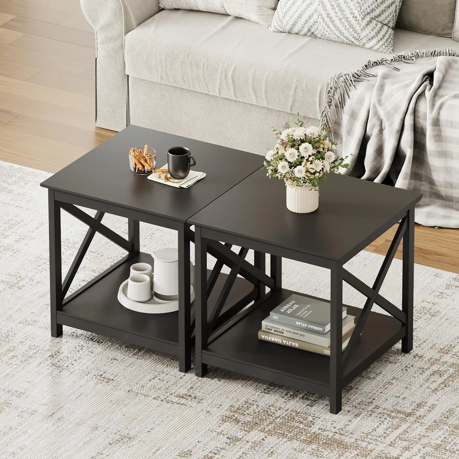 Set of 2 Wooden End Side Tables with 2-Tier Open Storage Shelves, Painted Finish Accent Nightstands for Living Room, Bedroom & Office Spaces, Black Tone, 24 Inches