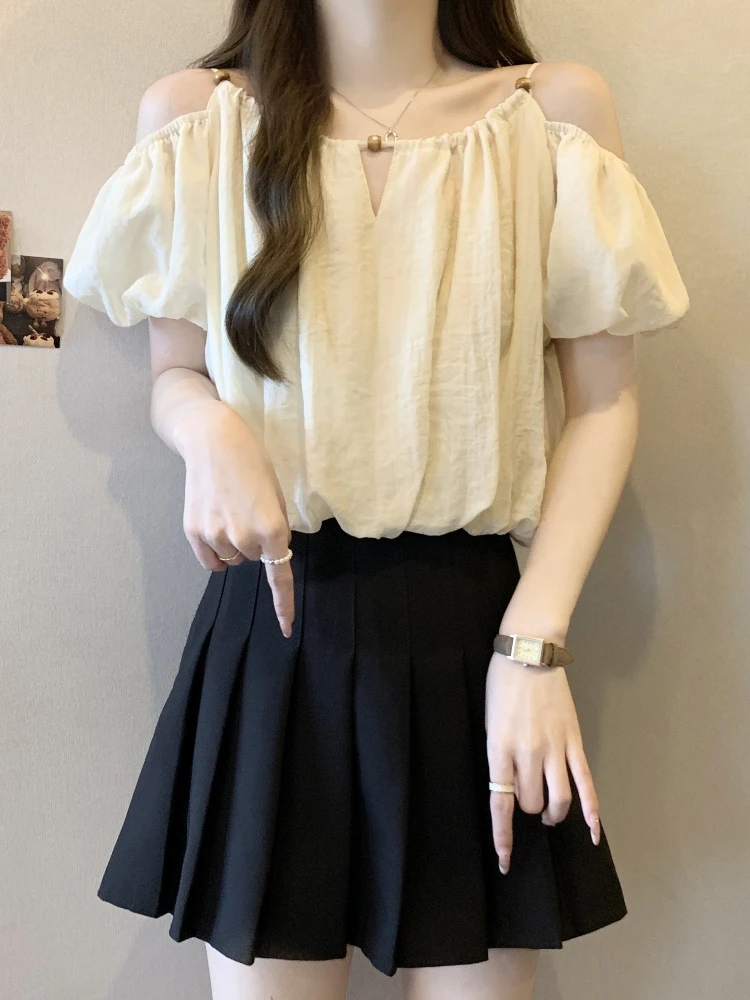 

Bubble Sleeve Chiffon Shirt Women Summer Fashion plus Size Slimming Short Shoulder Top Korean Style Hollow out Deco...