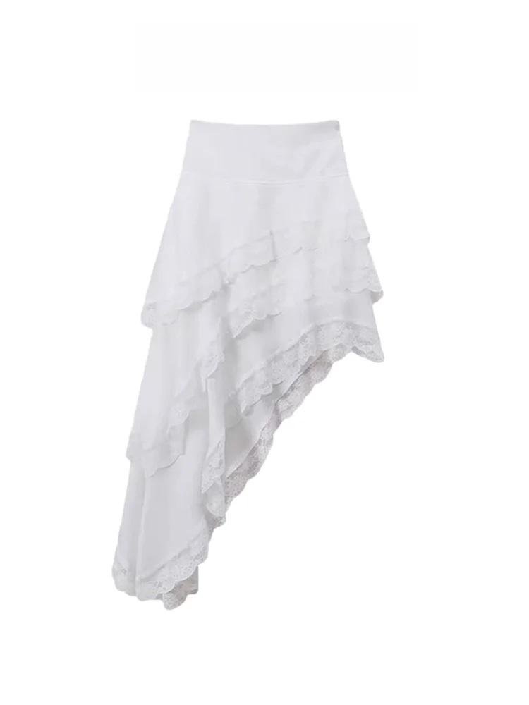 Witte asymmetrische zoom midi rok dames zomer zoete kanten rand taart rok hoge taille a-lijn rok woon-werkverkeer sle