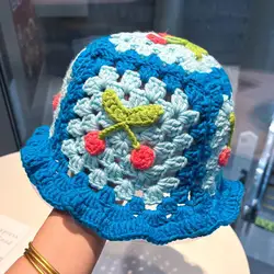 Knitted Bucket Hat t Korean Kawaii Cherry Bucket Hat Women's Handmade Crochet Bucket Hats Beanies Cap Panama Cap Fisherman Hat