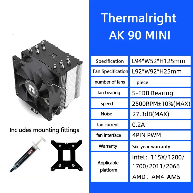 

Thermalright AK90 AX90 SE 5 тепловая трубка, кулер процессора, вентилятор 92 мм, ШИМ, высота 125 мм, мини-башенный радиатор для Intel LGA1700 115X 1200 AMD AM4