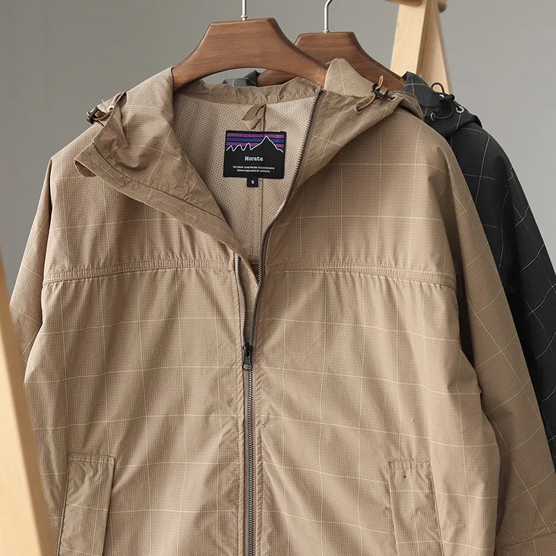 

0181# Spring and Autumn New Japanese Vintage Plaid Hooded Jacket Men's Woven Washed Windproof Stitching Loose Casual Cargo Coat