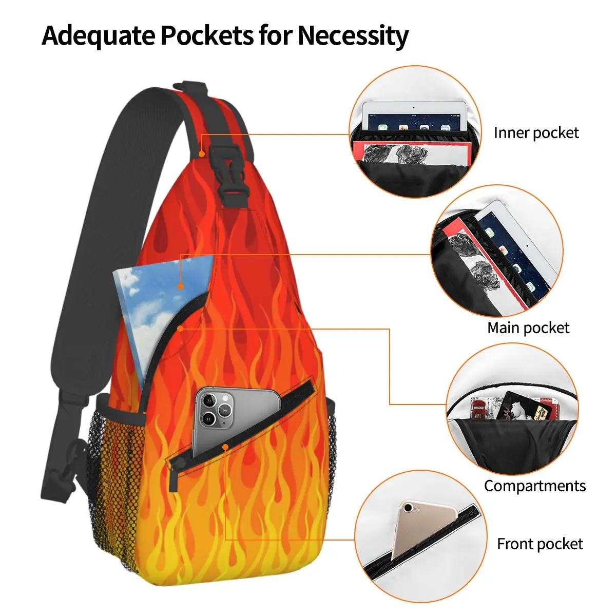 Red Orange Yellow Burning Flame And Fire Chest Bag Men Sling Crossbody Backpack Chest Bag Travel Hiking Daypack Shoulder Bag