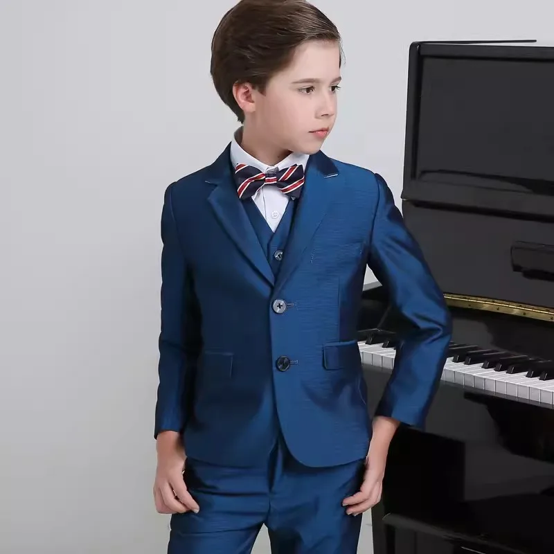 Children Shining Blue Piano Suit Kids Photograph Tuxedo Teenager Graduation Birthday Costume Flower Boys Wedding Dress Prince