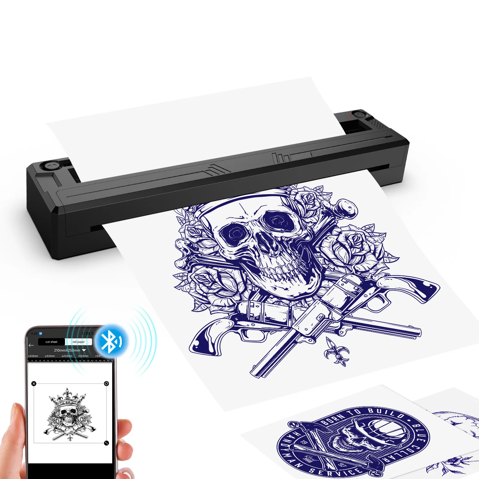

M8 Tattoo Printer, 210 mm A4 Thermal, 10 Docs 10 Tattoo Papers, 10-20 mm/s Speed, Bluetooth/USB, Self-Dev APP, 1500 mAh