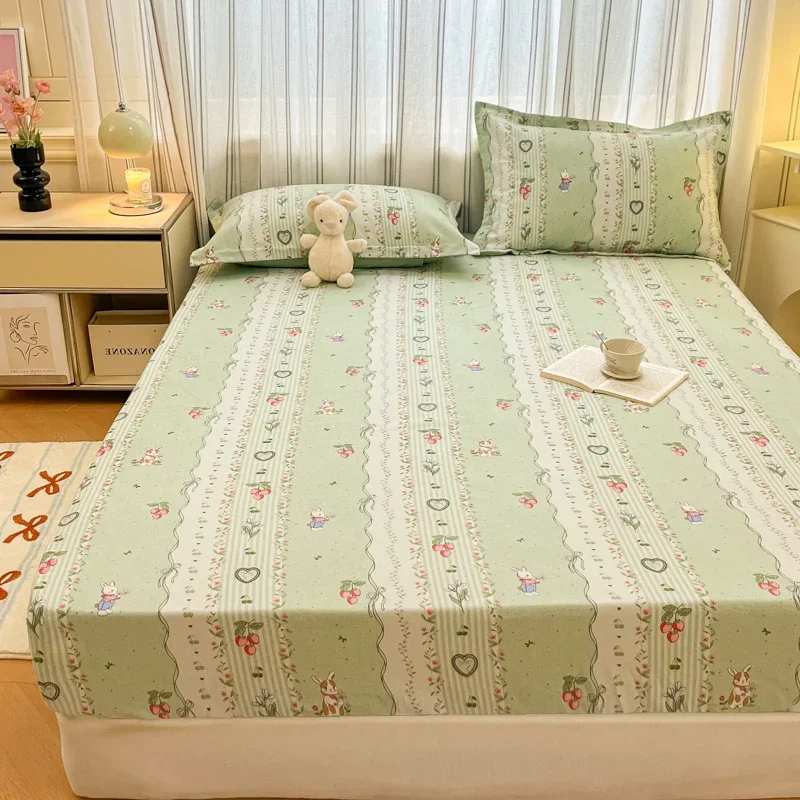 100% Cotton Rabbit Fitted Sheet 3 Piece Set, Girls Women French Pastoral Scenery Plant Flower Queen Bedding with 2 Pillowcases