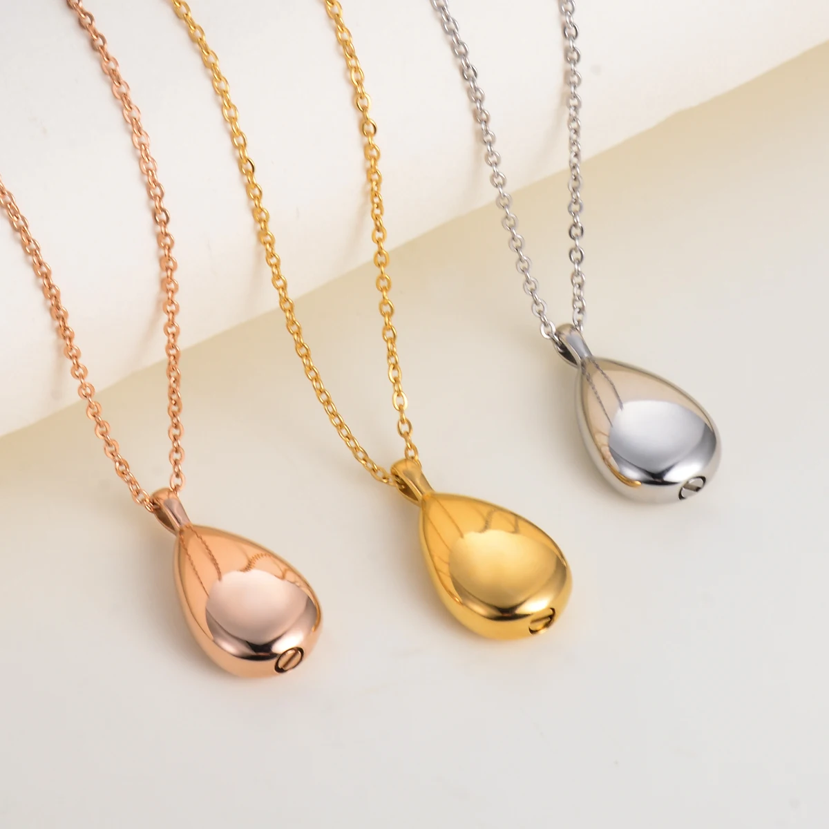 Stainless Steel Waterdrop Cremation Urn Necklace Pendant for Ashes Holder 3 Colors with Sanke Chain