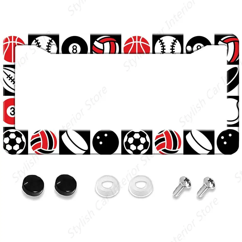 Ball Games Pictures License Plate Frame, Sports License Plate Stainless Steel Rust-Proof Auto Parts Funny License Plate Cover