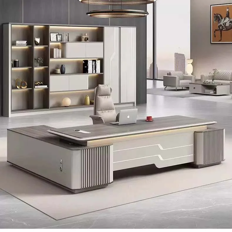 xx-Modern Latest Office Table Designs E1 Melamine Material Ceo Office Furniture Luxury L Shaped Home Office Desks With Bookcase^