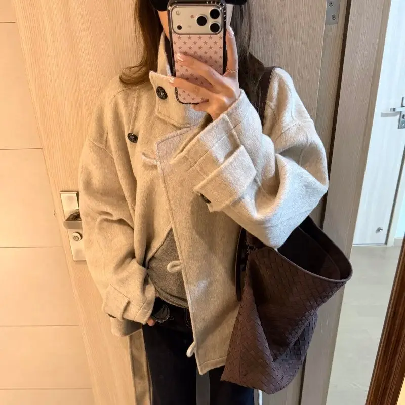 겨울 코란 패션 Y2K 스타일 여성 코트 따뜻한 캐주얼 프렌치 우아한 디자인 울 스탠드업 칼라 트렌치 코트 여성 의류