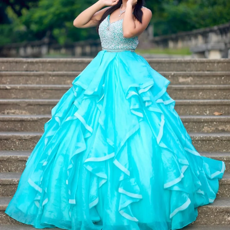 

Peacock Blue Quinceanera Dress off-shoulder Glitter Decal Lace Layering Long tail vestidos de 15 Quinceanera ﻿Customize