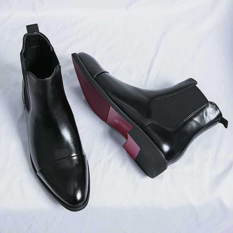Men Cap‑Toe Chelsea Boots Red Sole Black Elastic Side Ankle Boot Formal Business Wedding Dress Boots