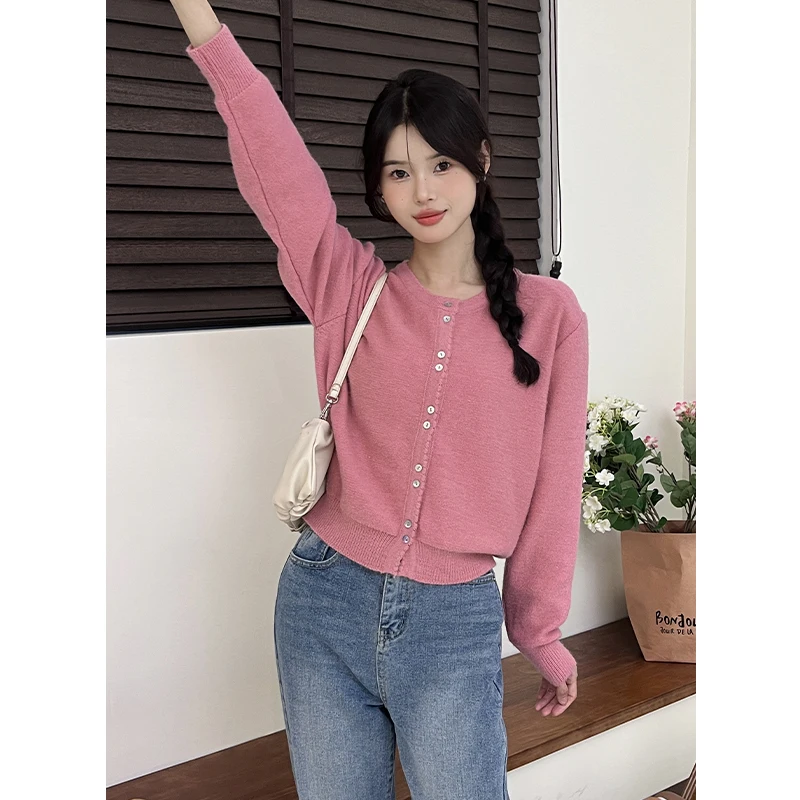 Sweater 2023 Autumn and Winter New Lace Low Round Neck Long-sleeved Solid Color Retro Single-breasted Loose Knit Cardigan Top