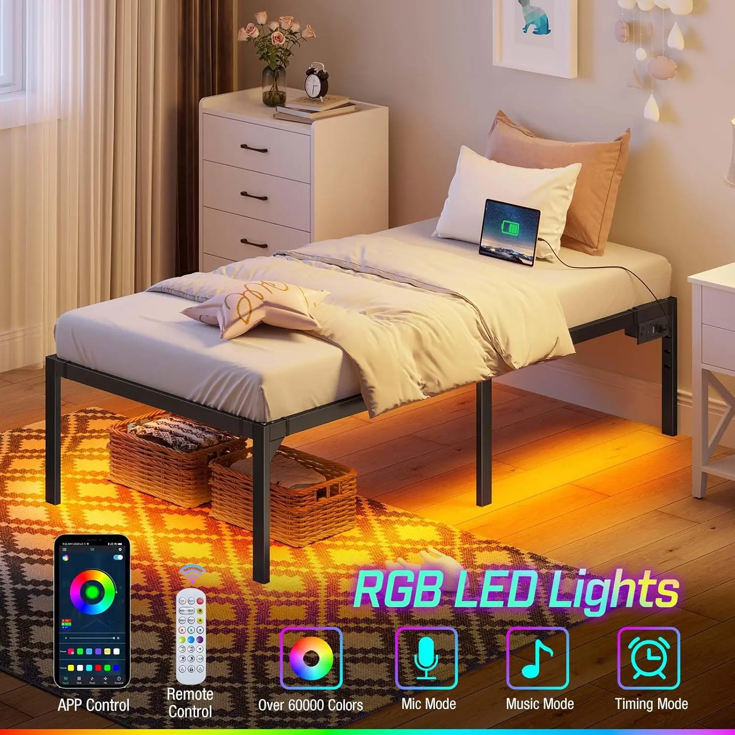 هيكل سرير مع محطة شحن USB، إطار سرير مزدوج مع أضواء LED، إطار سرير بمنصة مع شرائح فولاذية شديدة التحمل، 1