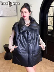 Women Winter Warm Genuine Leather Down Vest Medium Long Sleeveless Jacket Casual High Street Fashion Real Sheepskin Waistcoat