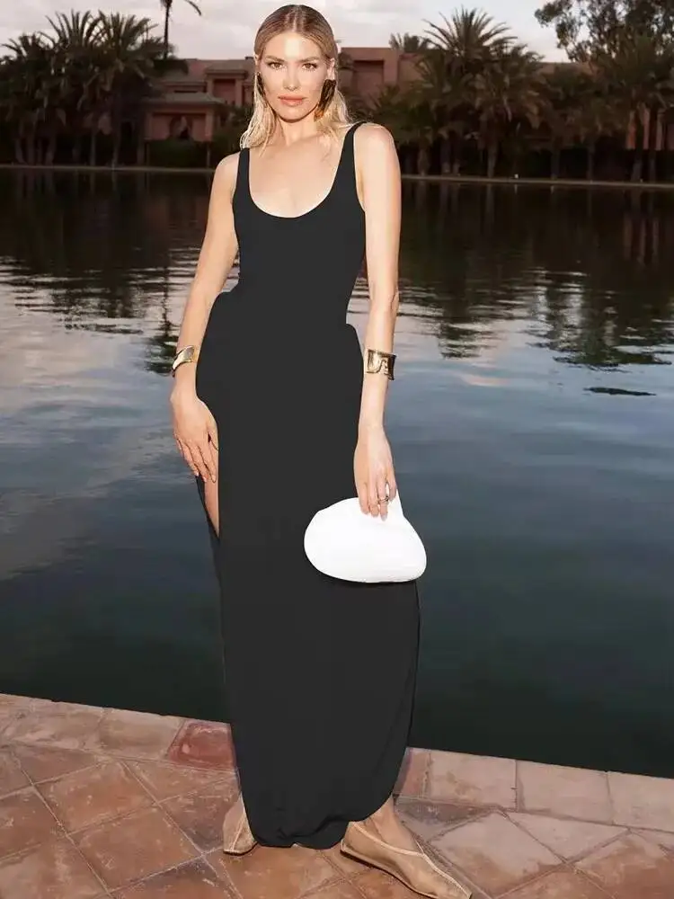 فستان JULISSA MO مثير بفتحة ماكسي للنساء أسود بدون أكمام بخصر عالٍ فستان نسائي للخريف أنيق للحفلات والنوادي 2024