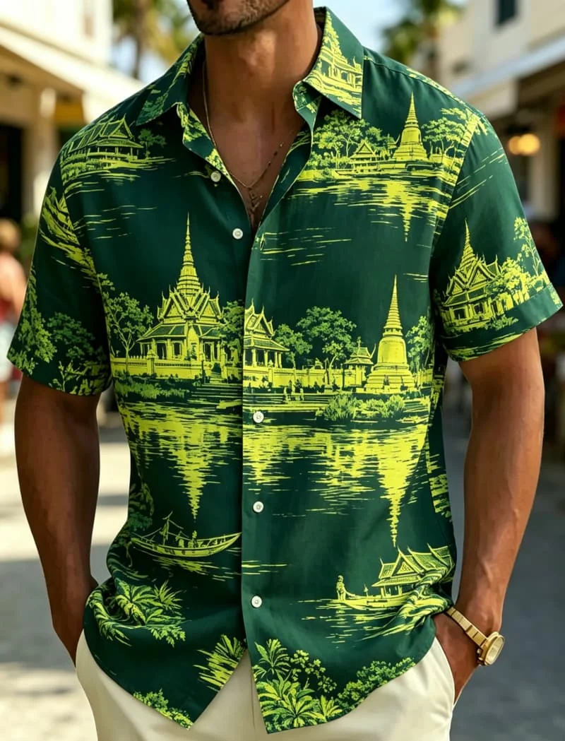 Men's Casual Short Sleeved Lapel Shirt With World City Landscape Print Loose fit, Suitable For Travel And Daily Wear