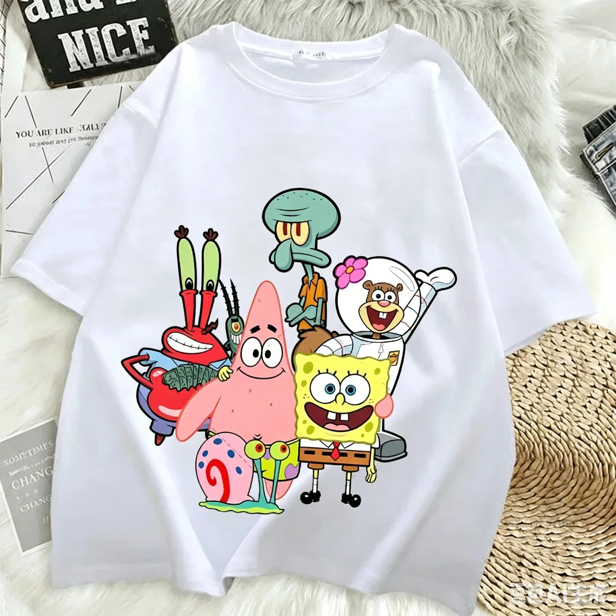 SpongeBob Schwammkopf T-Shirt Patrick Star Fischerboot-Print Tee Sommer Unisex Harajuku Streetwear Lustiges Cartoon-Oberteil – Detail 8