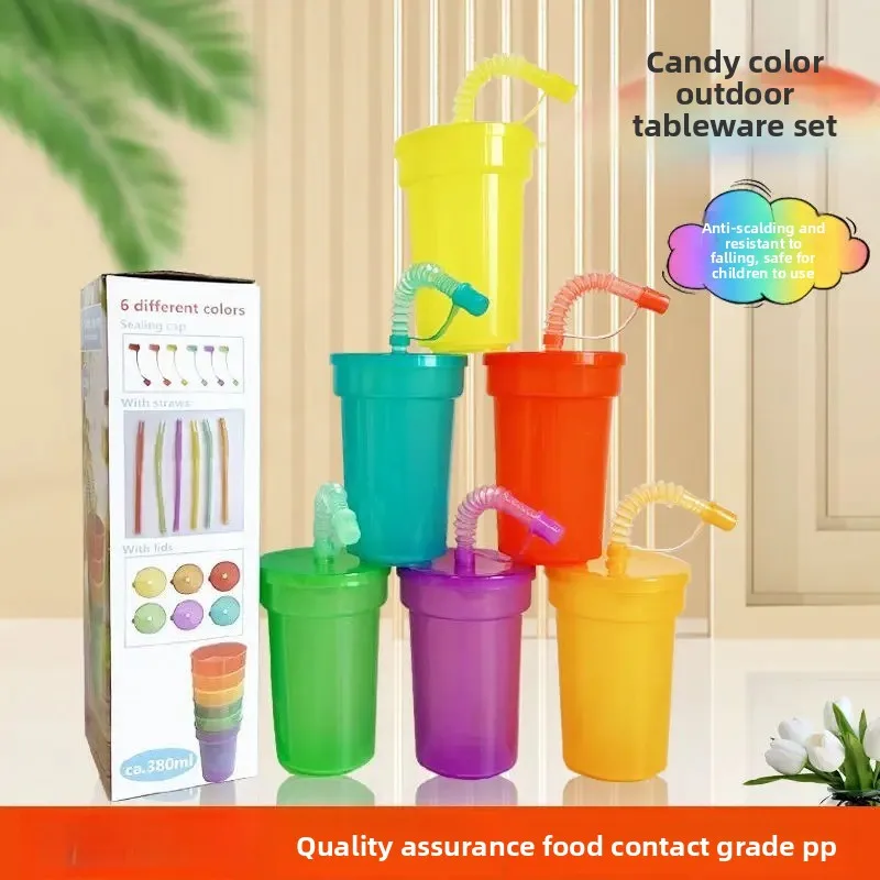 Multi Colored Clear Plastic Stackable Drinking Tumbler with Straw, Portable Cold Beverage Cup for Camping Picnic