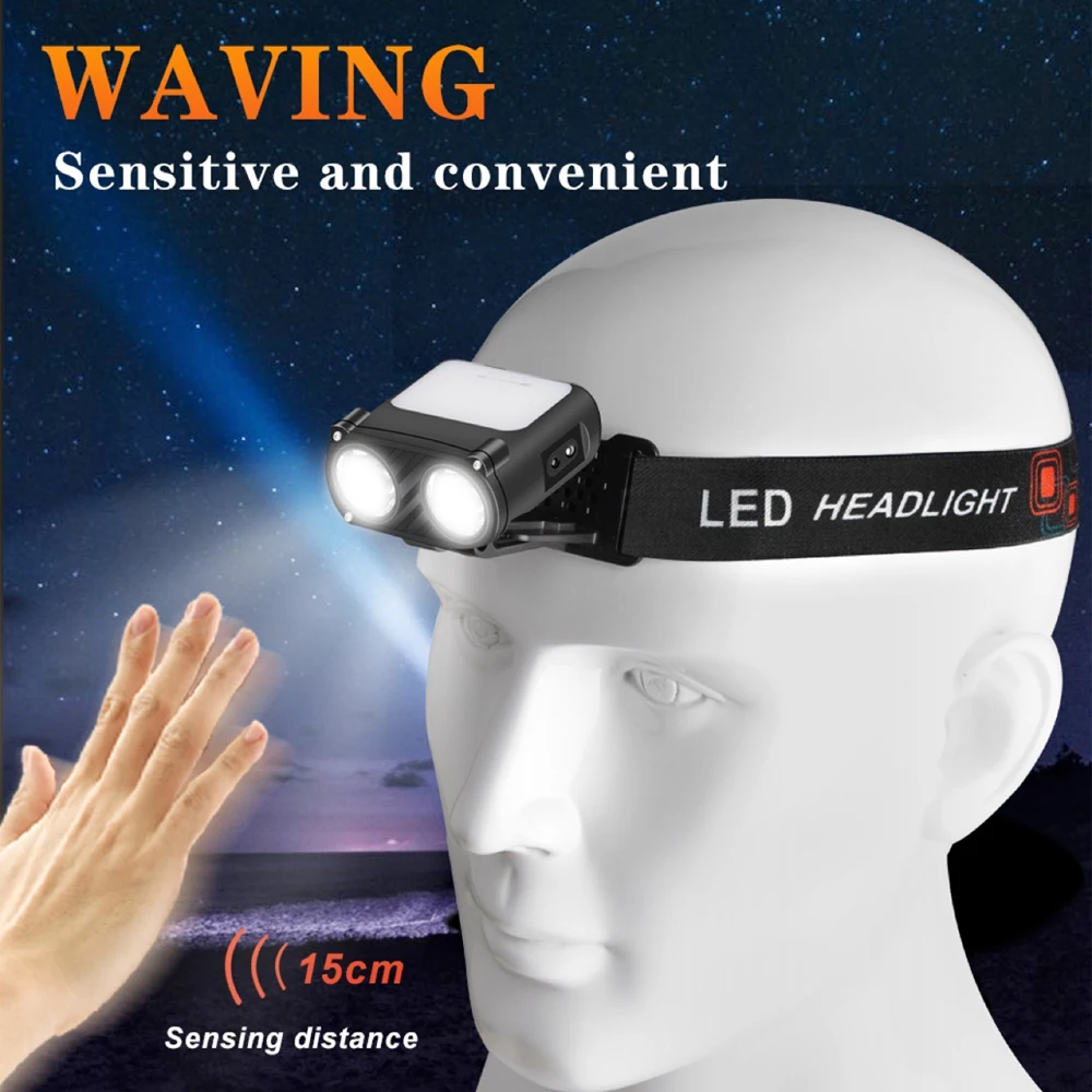 1/2Set Dual Beam Camping Head Lamp Type-C Charging Keychain Light LED 1200mAh Portable 500LM 5 Modes Waterproof for Outdoor