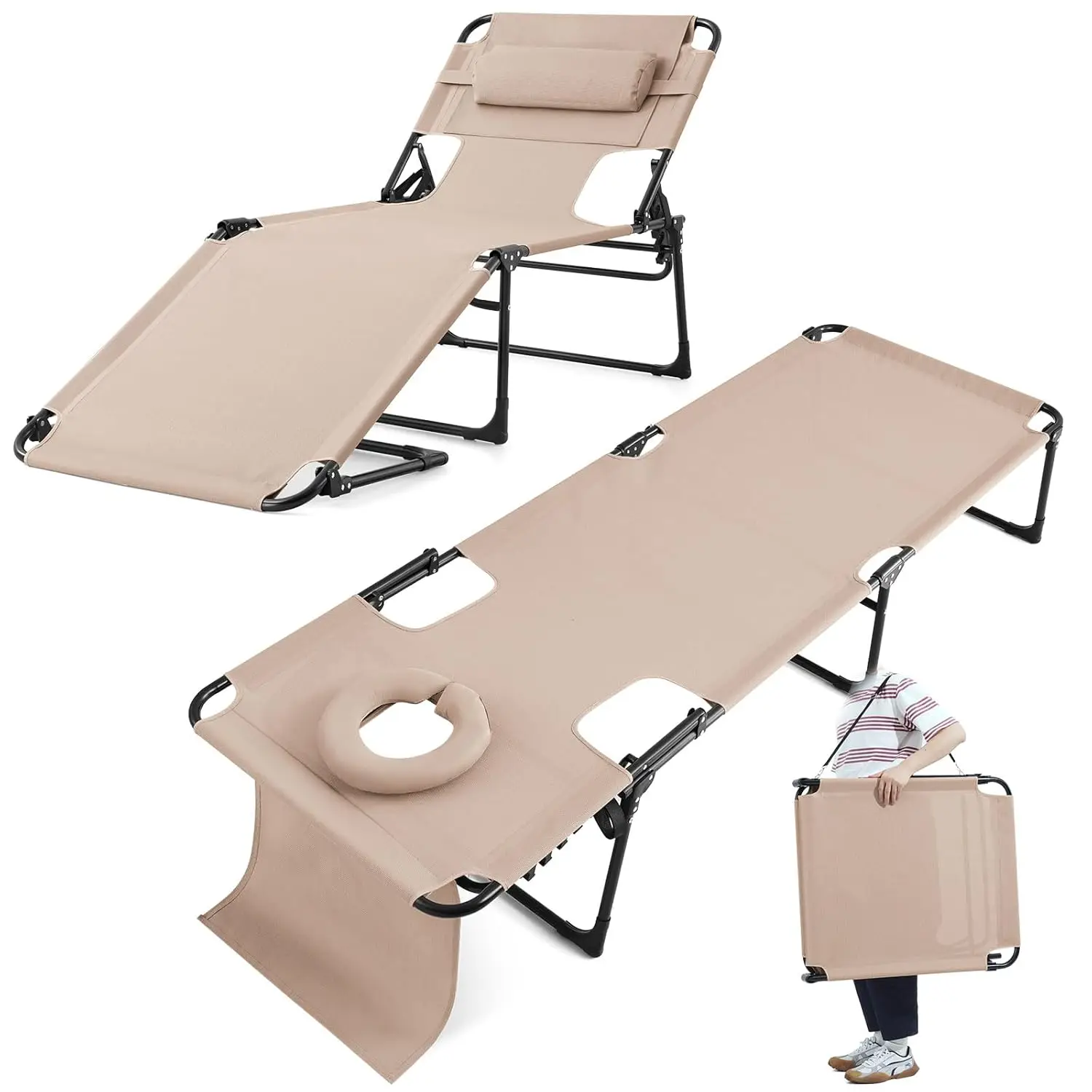 

Шезлонг для загара с отверстием для лица, 5-позиционный складной уличный пляжный шезлонг для загара, портативный, регулируемый, на заказ