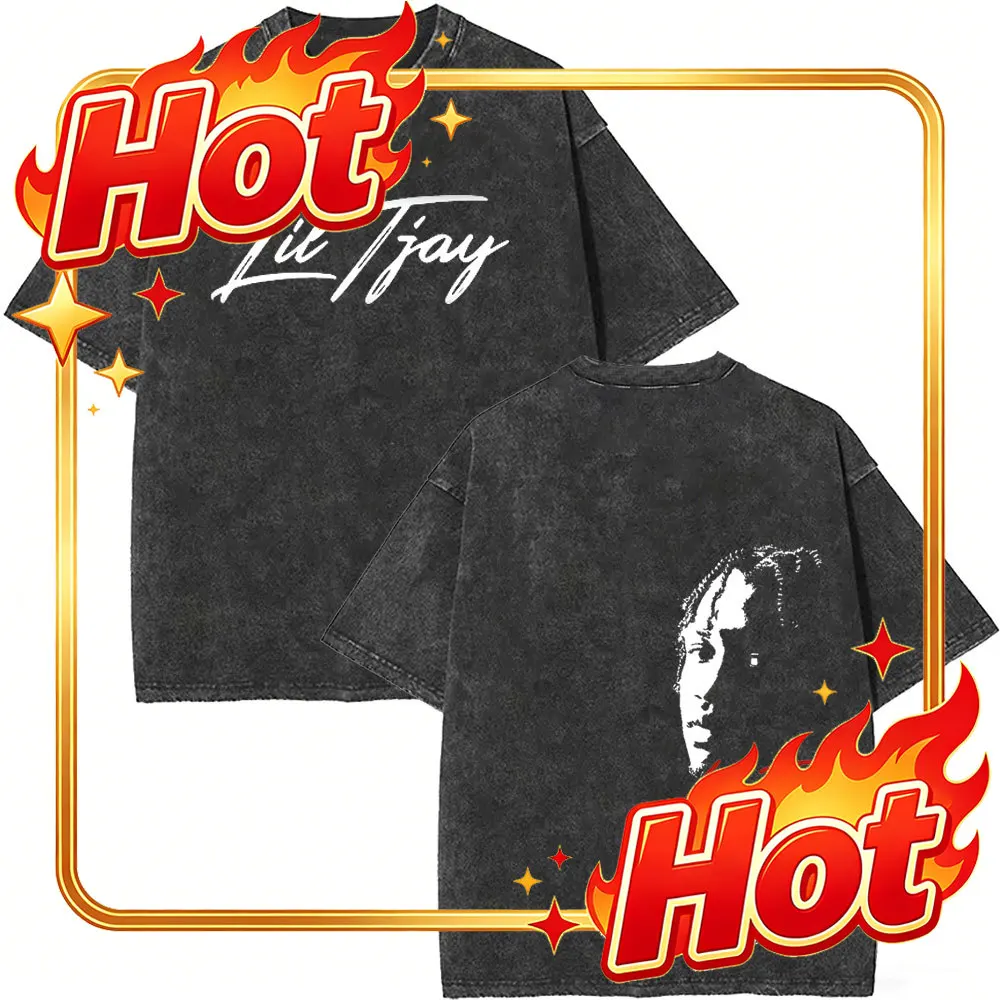 Custom Washed Vintage Rapper Lil Tjay Face Graphic T-shirt Destined 2 Win T-shirts Men Women Hip Hop Fashion High Quality