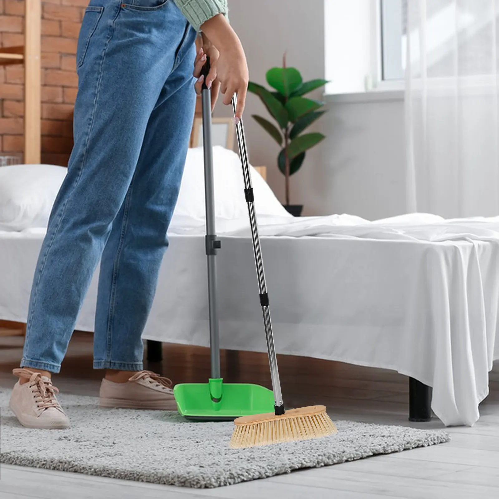 

Набор из 1 шт. прочной садовой метлы с бамбуковой ручкой, жесткой щетиной и насадкой из нержавеющей стали для уборки патио и террас