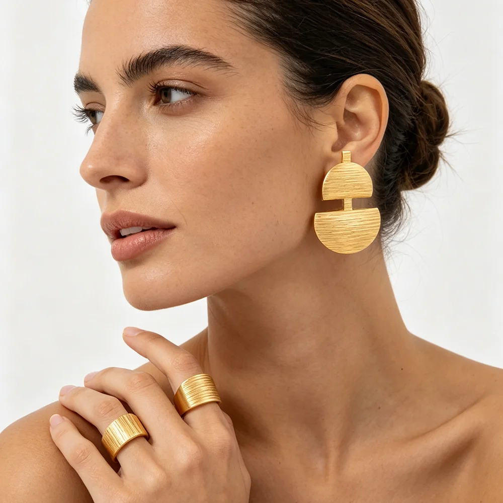 18K Gold Plated Dual Semicircle Brushed Geometric Earring & Ring Set African Ethnic Statement Jewelry Party Wedding Gift
