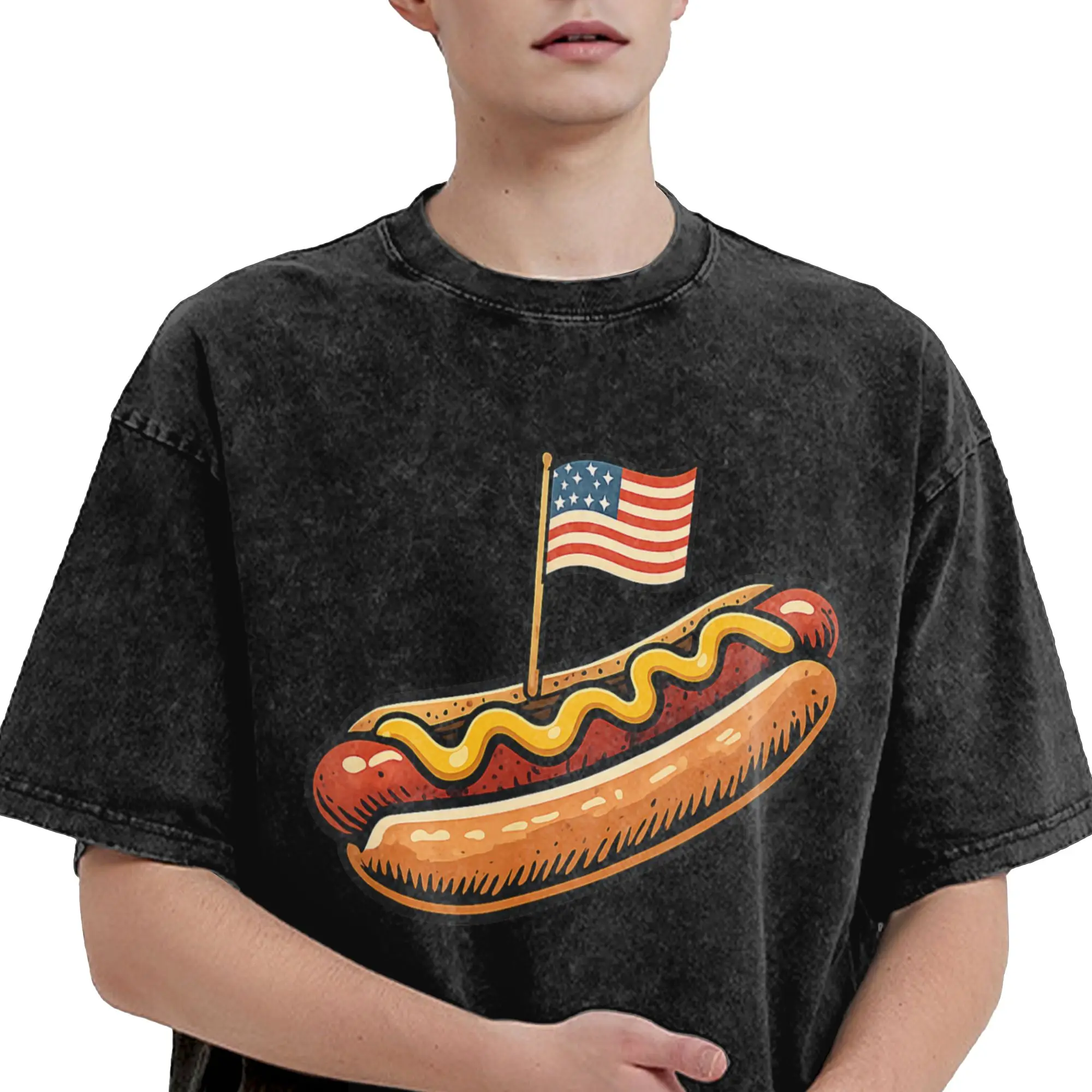 Hotdog Freedom Dive Funny Hot Dog  T Shirt Hip Hop Washed Cotton Harajuku T-Shirts  Vintage Men Women Streetwear