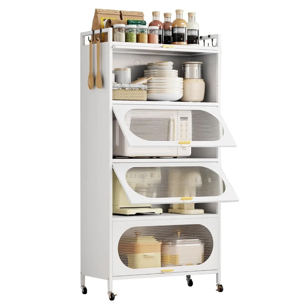 

5-Tier Kitchen Pantry Storage Cabinet with Flip-up Doors, Metal Freestanding Cabinet with 4 Rooling Wheels, Bakers, Customized