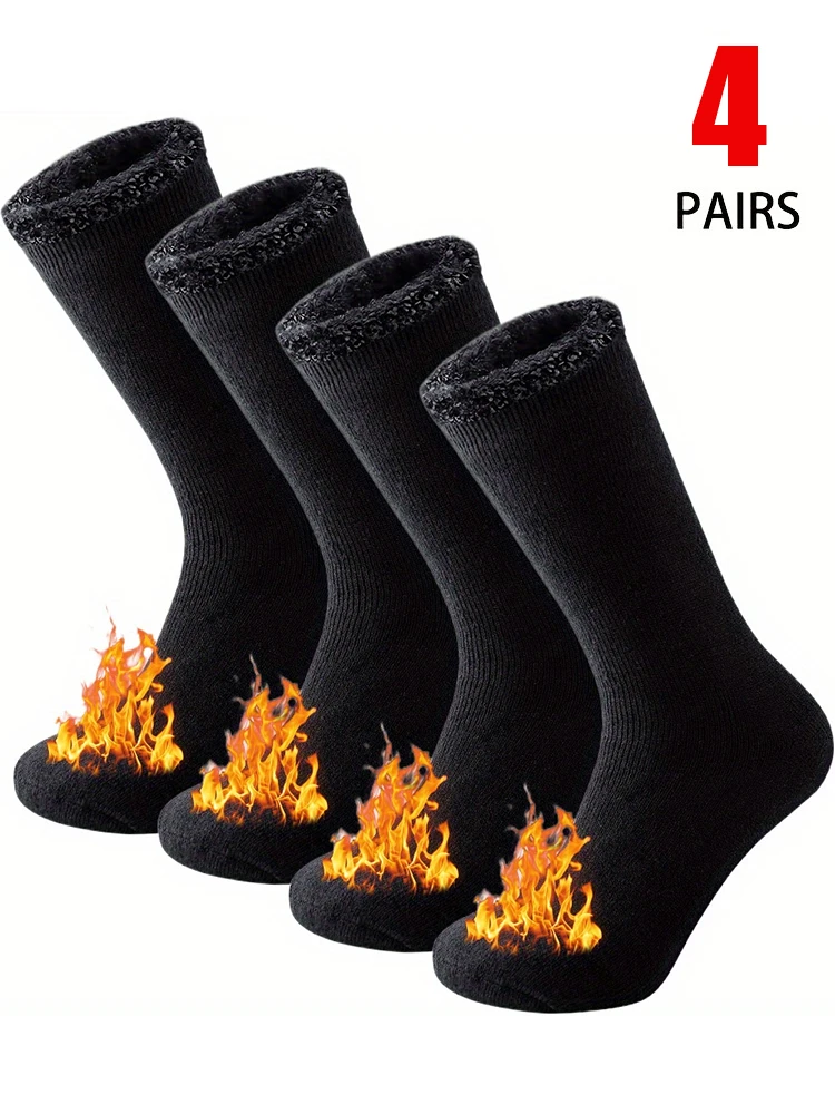 4 Pairs Men's Winter Thickened Mid-Calf Socks Super Warm Soft Knit Socks Fuzzy Lining Solid Color Cold Weather Protection
