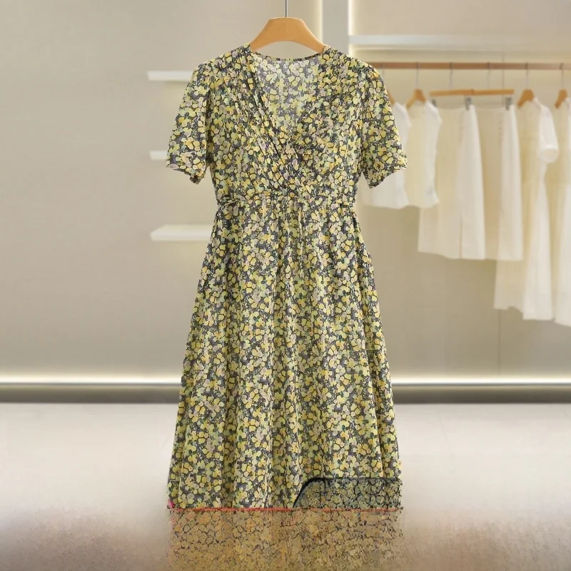 Ele Floral Print ort Sve V-Ne Dr Casual High Waist Cotton Summer New Arrival Women's Dr A-Line Skirt