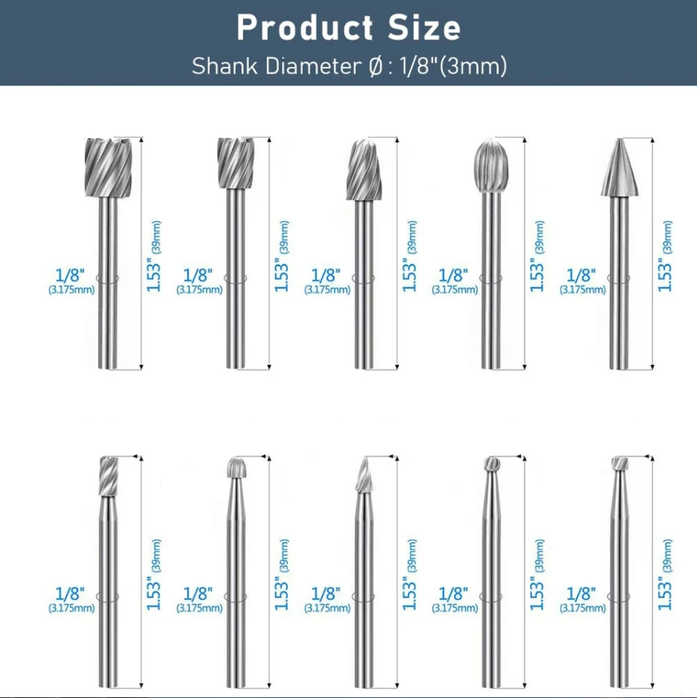 10pcs HSS Rotary Files Set Rat-tail Hard Metal Milling Cutters Woodworking Compatible Rotary File Tool for Steel