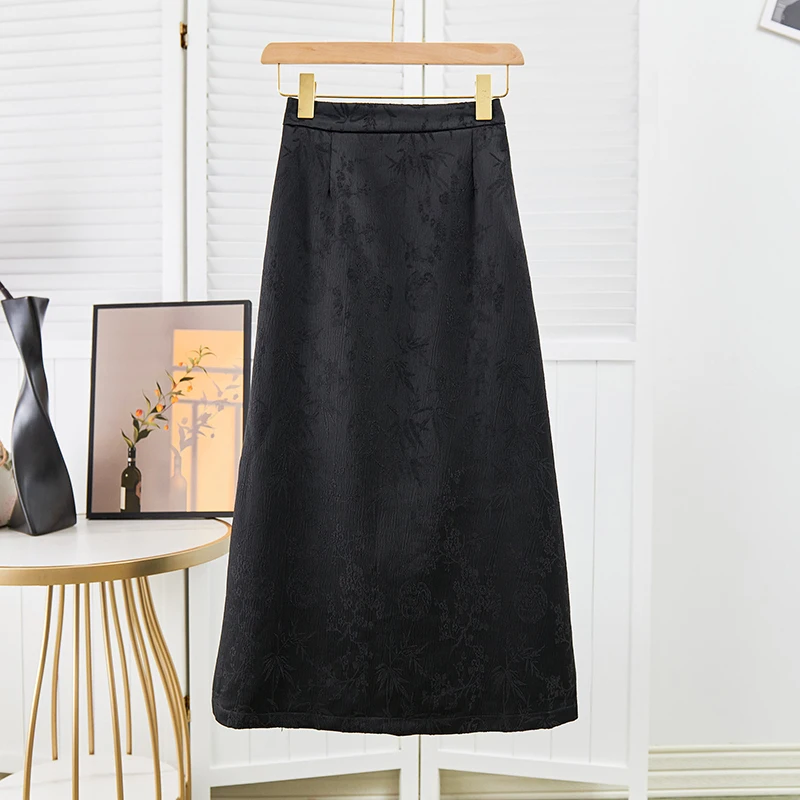 Vintage Jacquard High-Waisted Slim Skirt New Chinese Style Women's Clothing Side Slit Long Skirt Buckle Tight Skirt