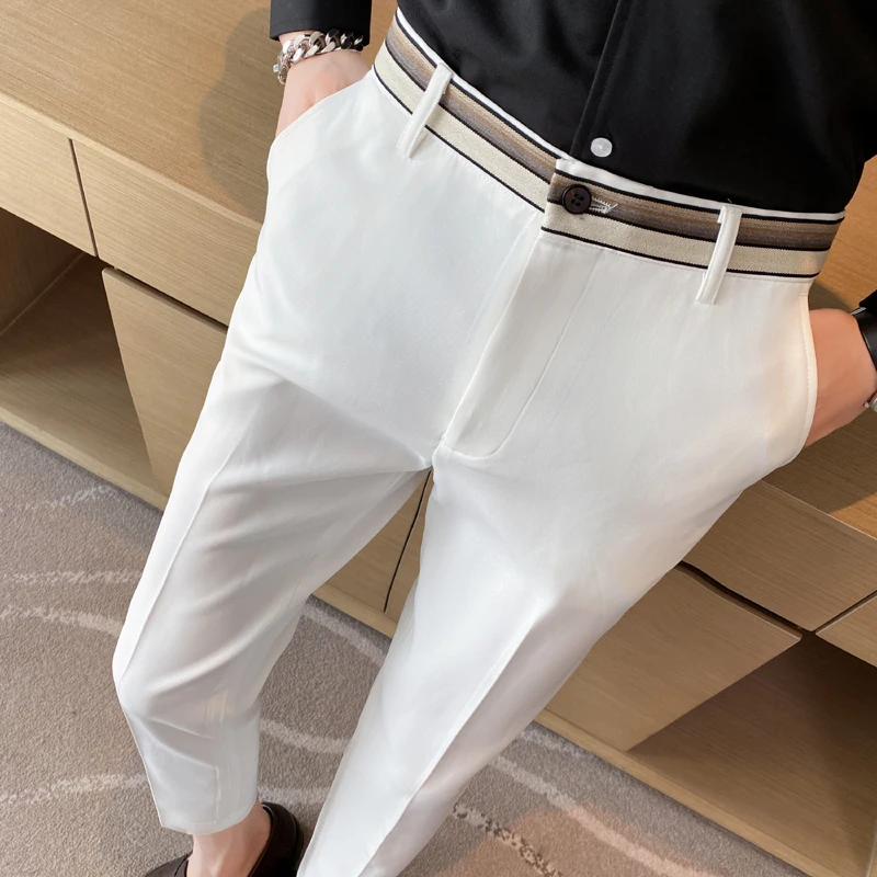 Pantalones de traje a rayas de cintura a la moda para Hombre, pantalones ajustados en blanco y negro, marca Formal, negocios, boda, informales, verano, 2022