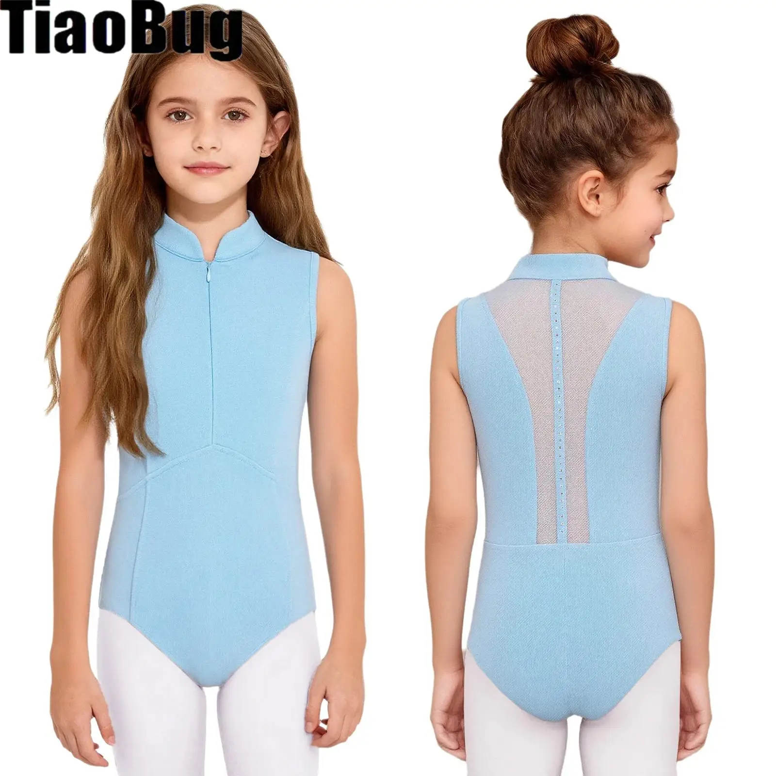 

Kids Girls Ballet Leotard Figure Skating Gymnastics Stand Collar Front Invisible Zipper Back Sheer Mesh Rhinestones Dance Wear