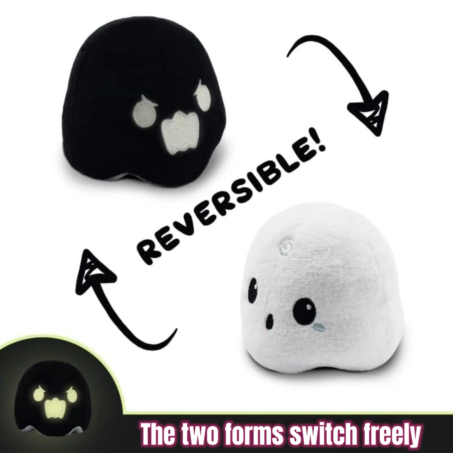 4 inch the Original Reversible Ghost Plushie - White + Black - Cute Sensory Fidget Stuffed Animals That Show Your Mood