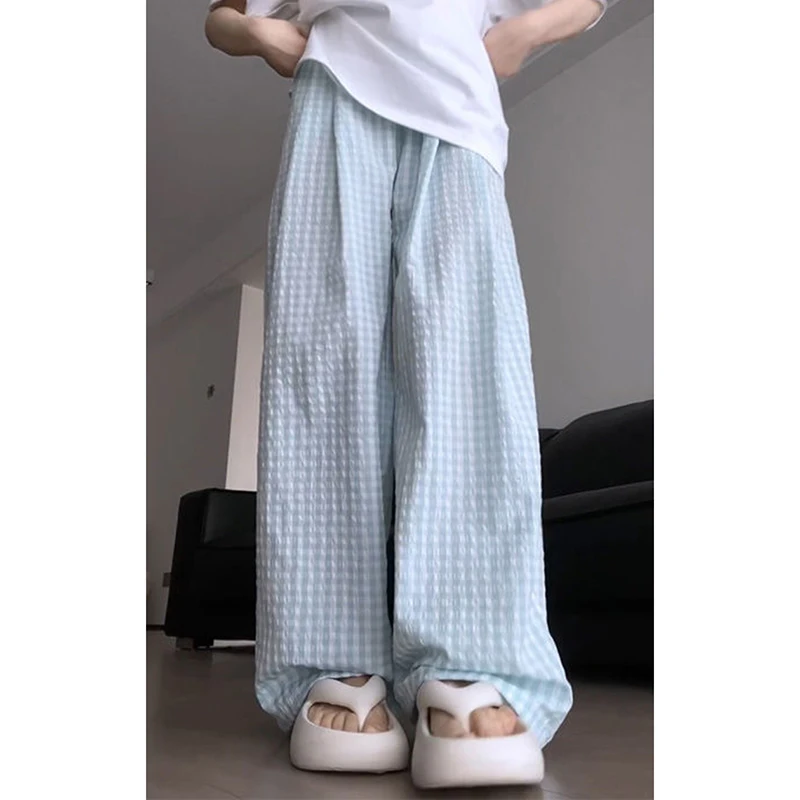 Blue Plaid Wide Leg Pants Women High Waist Loose Casual Straight Trousers Spring Breathable Sweet Harajuku Y2K Pretty Style Pant