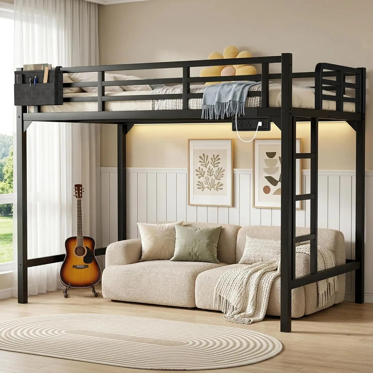 Loft Bed with Charging Station & LED Lights, Heavy Duty Metal Bed Frame with Storage Pocket, Ladder and, Customized