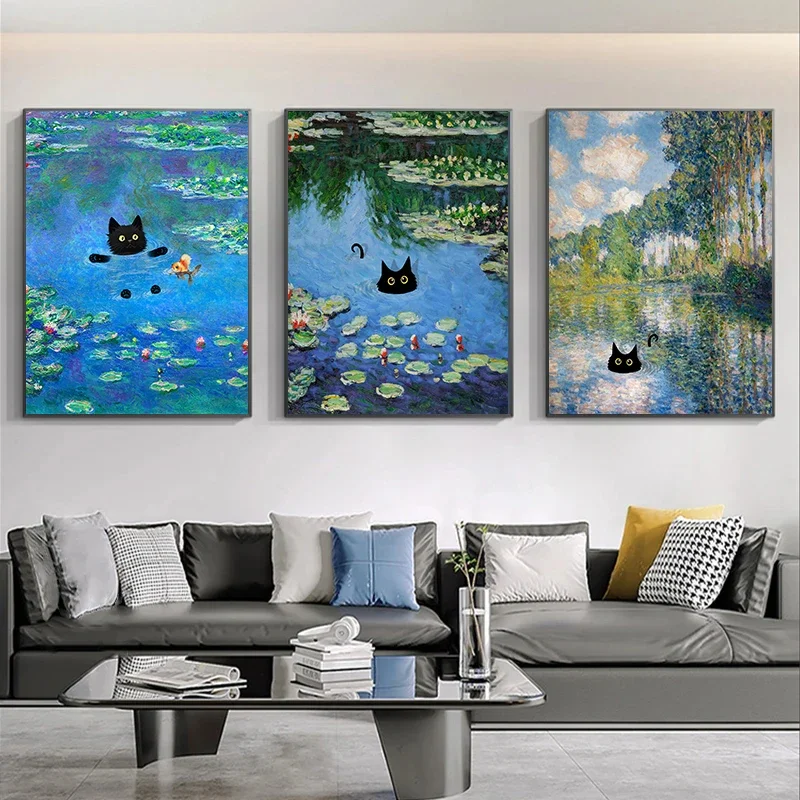 Claude Monet Artworks Interesting Cute Black Cat Lotus Pond Poster Canvas Paintings Wall Art Pictures for Living Room Home Decor