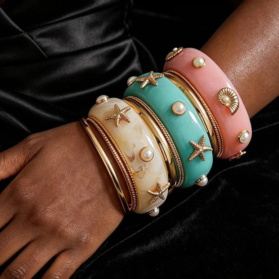 DOO MEI 4 Pcs/Set Starfish conch Round Stackable Bracelets Bangles Women Fashion Simulated Pearl Smudging Bracelet Hand Jewelry