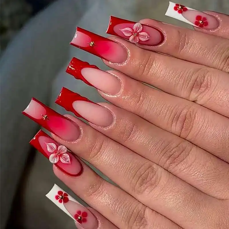 

24pcs Wearable Press on Nails Hot Chick Flower Smudge Design Square Fake Nails Tips Red French Long Coffin Full Cover False Nail