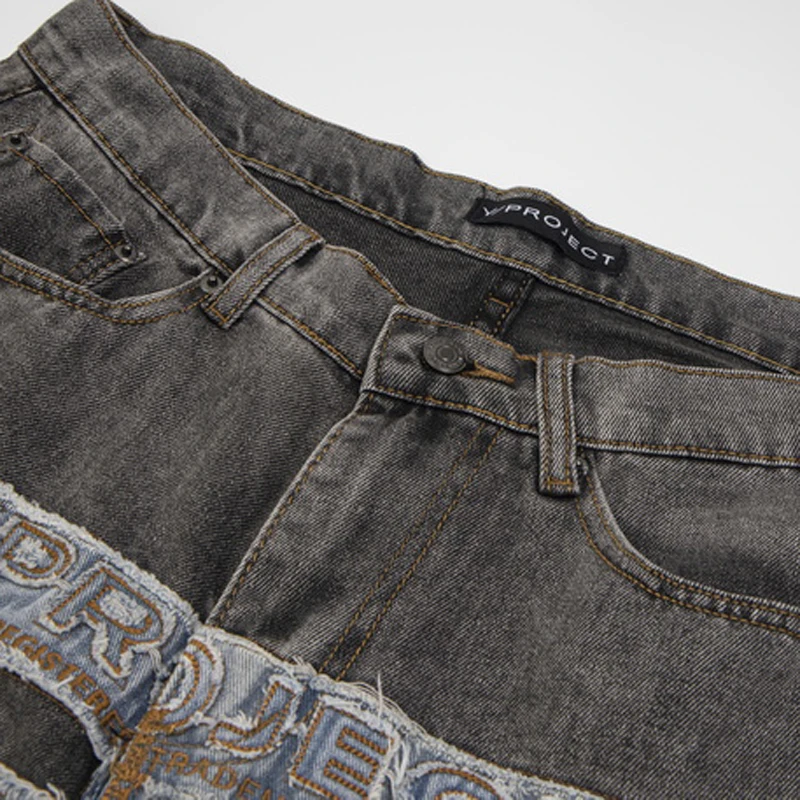 Europeu americano tendências projeto g/r jeans retalhos bordado tecido padrão calças de perna reta casual solto denim