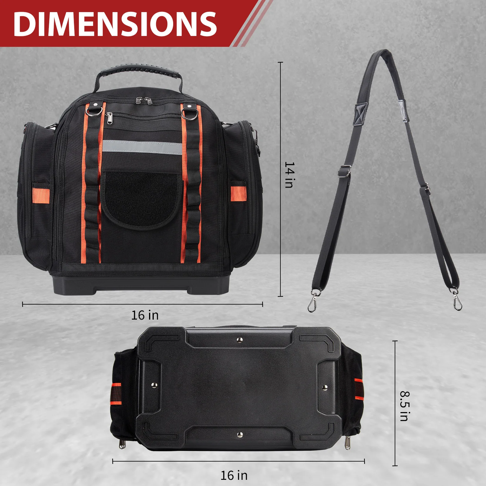 14 Inch Waterproof Tool Backpack, Hard Base Tool Bag with Reflective Stripe, Portable Tool Carrier for Electrician Carpenter Mechanic