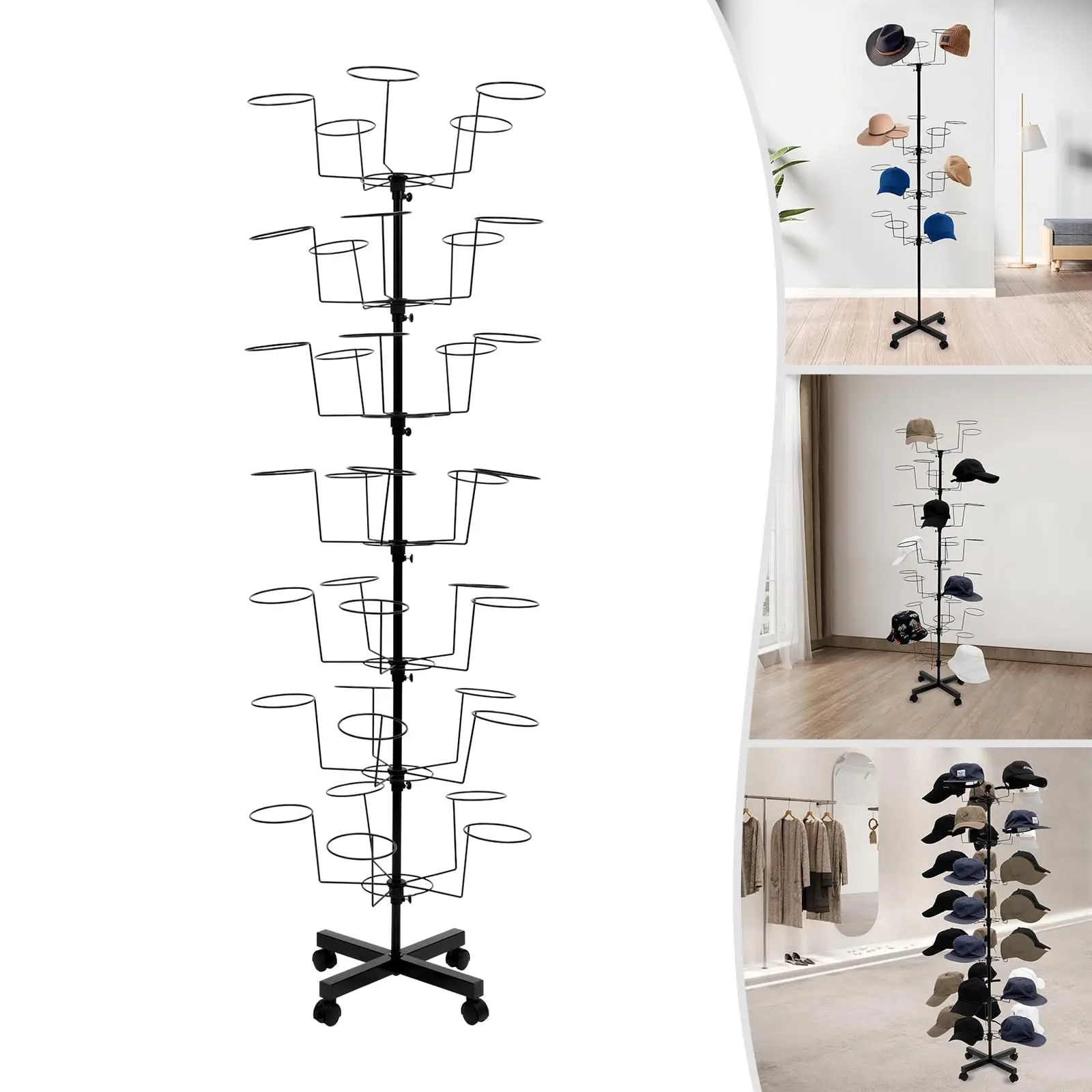 

7-уровневая вращающаяся стойка для шляп, 35 держателей для кепок, металлическая отдельно стоящая стойка для хранения шляп, ковбойская стойка-органайзер для бейсбольных кепок, белая